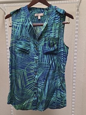 Banana Republic Blue and Green Sleeveless Button-Front Top